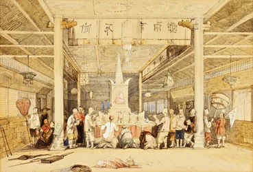 Buddhas tempel, kanton, ca 1850 (penna och bläck, penna, tvätt, förhöjd med vitt på papper)